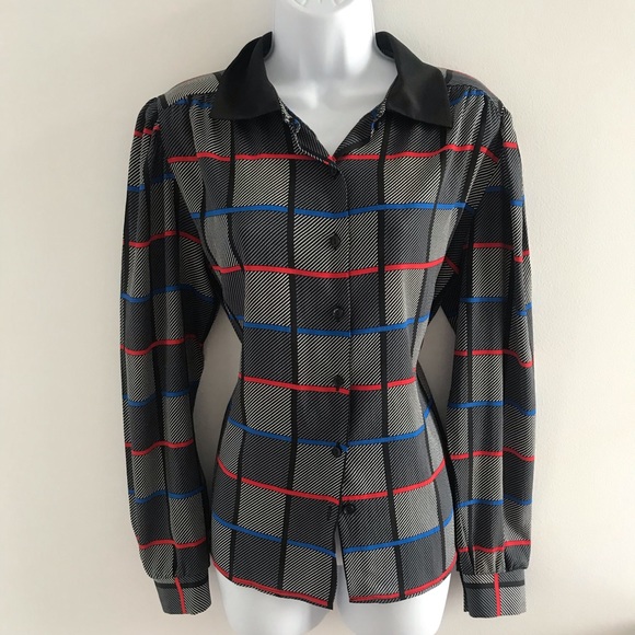 St.Michael Chic Plaid Pattern Black Collared Button Down Shirt with Belt 90’s - Picture 10 of 16